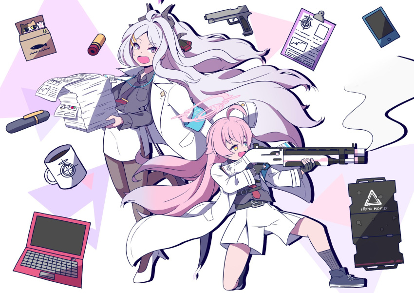 2girls :d ahoge aiming alternate_costume ballistic_shield belt beretta_1301 black_footwear black_gloves black_pantyhose black_shirt blazer blue_archive breast_pocket bullet carrying clipboard coffee coffee_mug collared_shirt commentary_request computer cup demon_girl demon_horns demon_wings fighting_stance fingerless_gloves firing forehead gloves grey_hair gun hair_between_eyes hair_ornament hair_ribbon hairclip half_updo halo handgun heterochromia high_heels highres hina_(blue_archive) holding holding_gun holding_weapon horns hoshino_(blue_archive) jacket jacket_on_shoulders kneeling laptop long_hair long_sleeves looking_at_another mug multiple_girls necktie open_clothes open_jacket pantyhose paper_stack parted_bangs pen pencil_skirt pink_hair pocket purple_eyes red_necktie ribbon shield shirt shoes shorts shoulder_strap sidelocks simple_background skirt smile sneakers standing standing_on_one_leg sweatdrop tablet_pc tie_clip useless_machine wavy_hair weapon white_footwear white_jacket white_shorts white_skirt wind wings yukimi_unagi