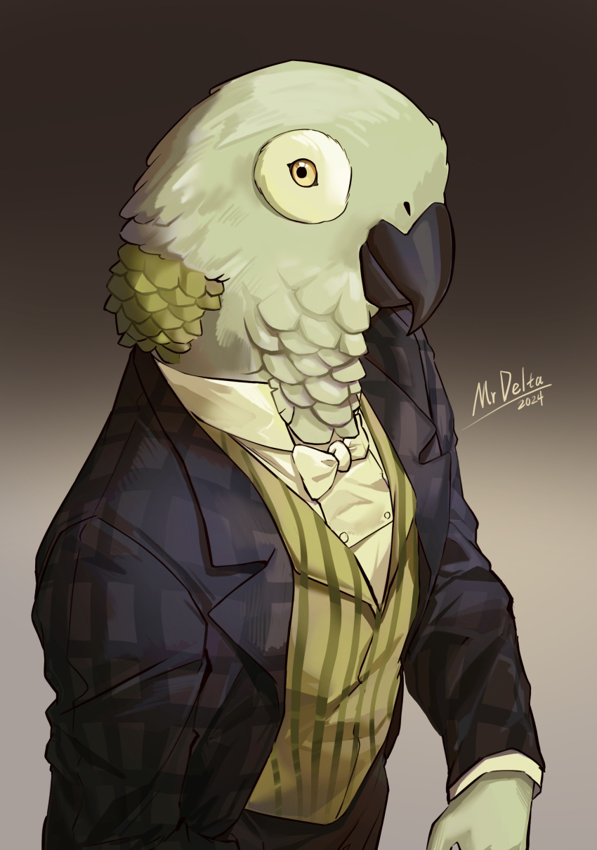 2024 absurd_res anthro avian beak bird black_beak bow_tie clothed clothing fingers grey_body harvey_(rusty_lake) hi_res jacket male mrdelta parrot rusty_lake rusty_lake_roots shirt solo tan_eyes topwear vest