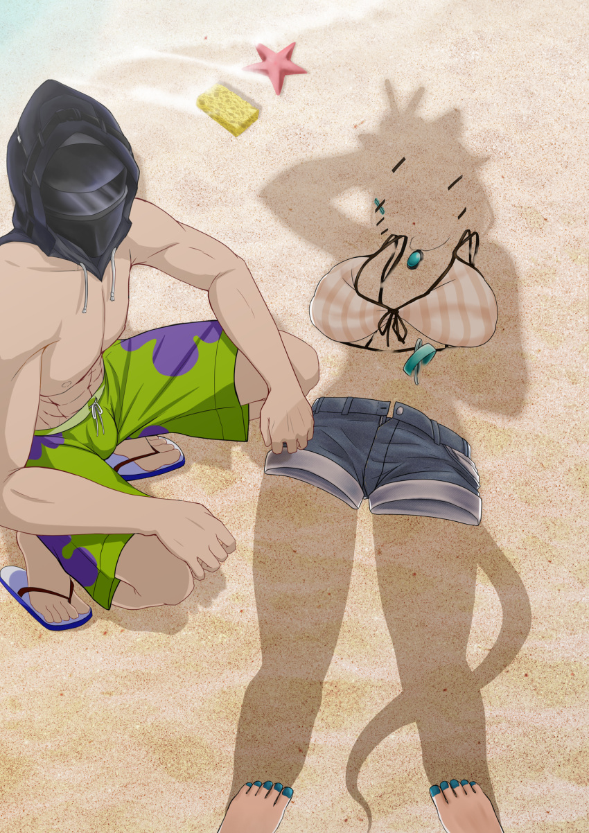 1boy 1girl aariyoo abs animal_ears arknights arm_up bulge commission covered_face day detached_hood doctor_(arknights) drawstring dressed_shadow_(meme) facing_viewer female_pov highres hood hood_up implied_nudity male_swimwear mask meme outdoors pov sand sandals shorts squatting standing tail toenails toes toned toned_male unworn_bikini_top unworn_clothes unworn_shorts utage_(arknights) v