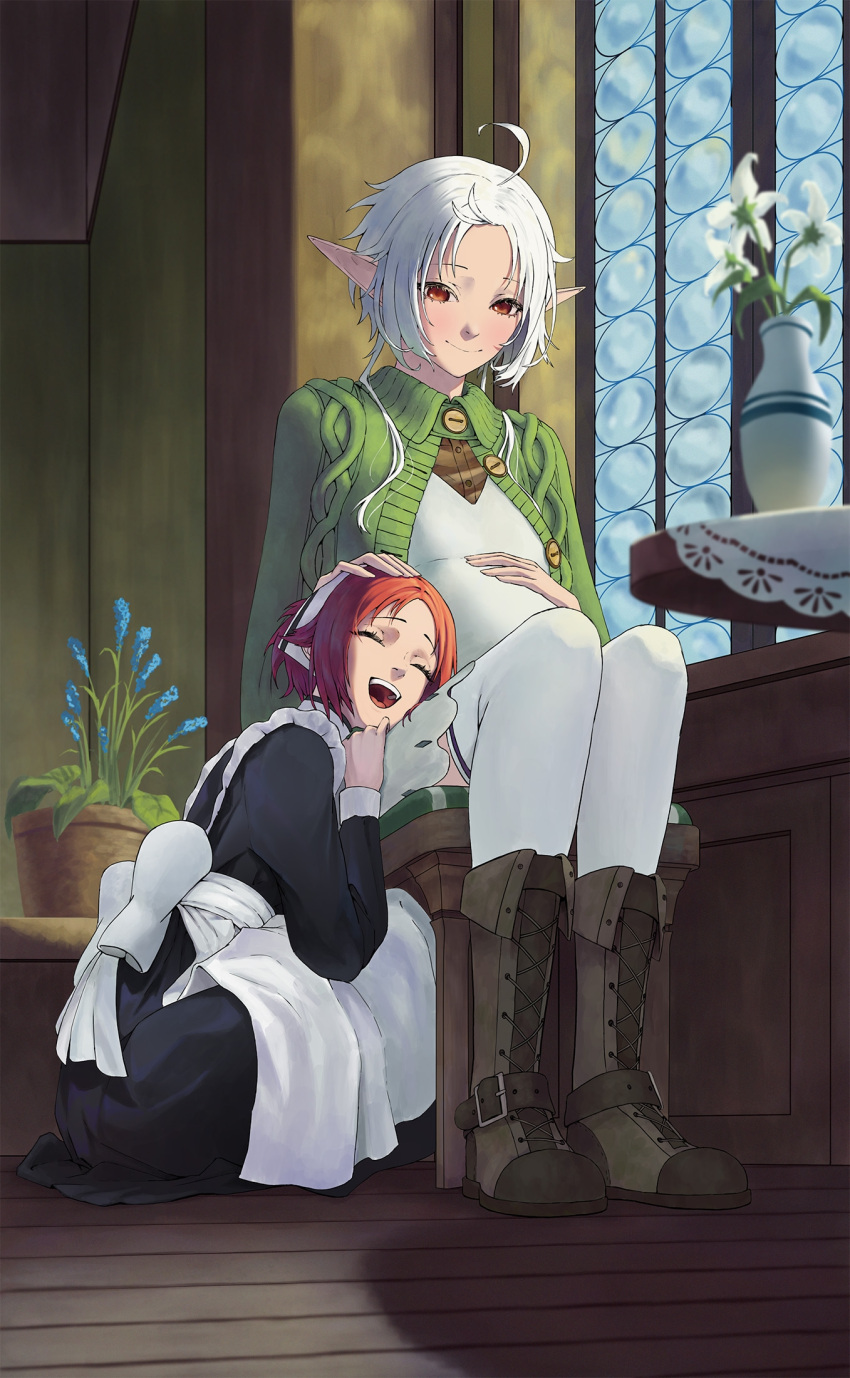 2girls ahoge aisha_greyrat apron aqwariate big_belly black_dress boots brown_footwear chair closed_eyes closed_mouth cross-laced_footwear dress elf flower flower_pot green_sweater hand_on_another's_head hand_on_own_stomach happy highres indoors lace-up_boots light_blush long_pointy_ears long_sleeves maid maid_apron multiple_girls mushoku_tensei on_chair open_mouth plant pointy_ears potted_plant pregnant red_eyes red_hair short_hair sitting smile squatting sweater sylphiette_(mushoku_tensei) teeth thighhighs thighhighs_under_boots upper_teeth_only vase waist_ribbon white_apron white_dress white_flower white_hair white_headdress white_thighhighs window wooden_floor