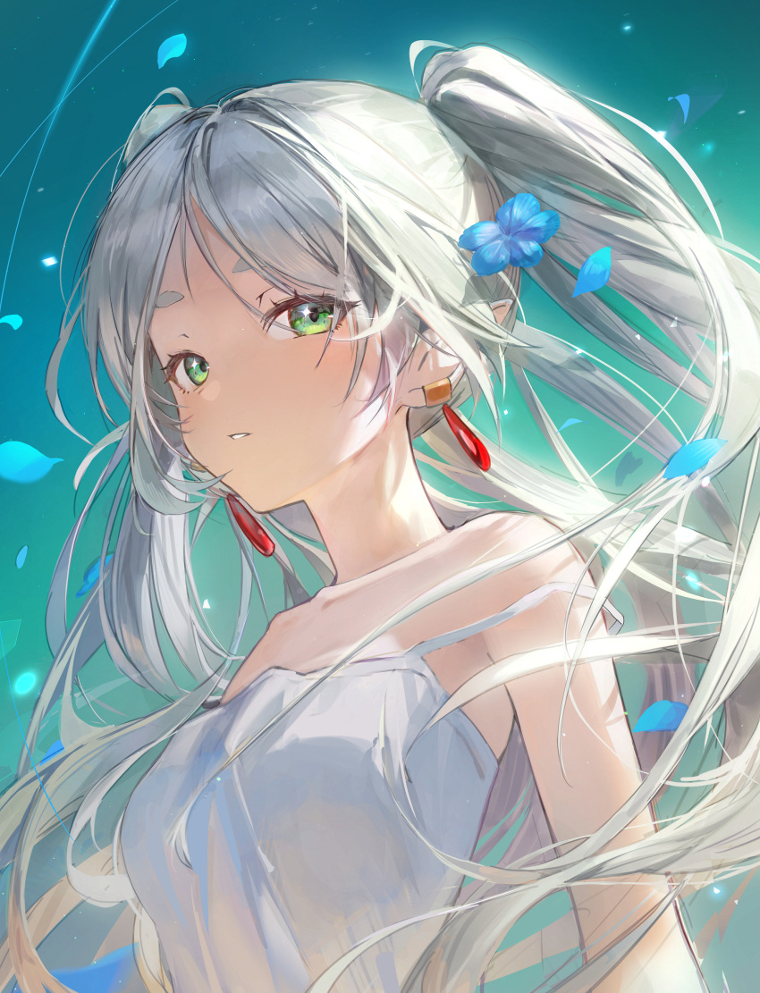 1girl absurdres bare_arms bare_shoulders blue_background camisole commentary daby earrings elf frieren green_eyes hashtag-only_commentary highres jewelry long_hair looking_at_viewer parted_lips pointy_ears solo sousou_no_frieren strap_slip twintails upper_body white_camisole white_hair