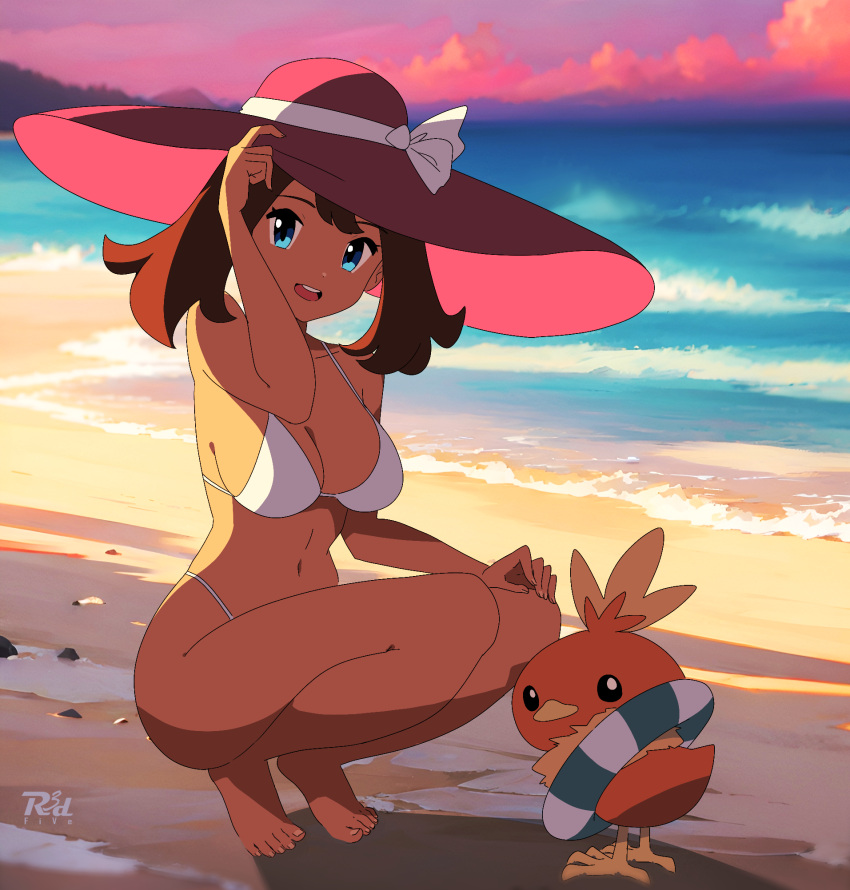 1girl :d artist_logo beach bikini blue_eyes breasts brown_hair cleavage commentary_request english_commentary hand_on_headwear hat highres looking_at_viewer may_(pokemon) mixed-language_commentary ocean open_mouth outdoors pokemon pokemon_(creature) pokemon_rse r3dfive red_hat short_hair smile solo squatting sun_hat swim_ring swimsuit tiptoes torchic white_bikini