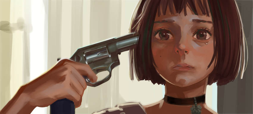 1girl aiming_up black_choker bob_cut choker finger_on_trigger fujimoto_tatsuki gun gun_to_head handgun highres holding holding_gun holding_weapon imminent_suicide leon_the_professional mathilda_lando pendant_choker revolver ruger_sp101 tears weapon