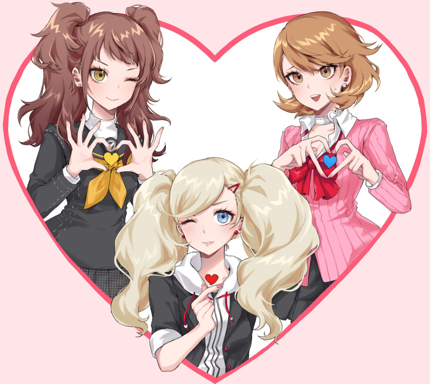 3girls black_jacket black_skirt blonde_hair blue_eyes blush bow bowtie brown_eyes brown_hair cardigan choker closed_mouth collarbone collared_shirt commentary earrings finger_heart gekkoukan_high_school_uniform hair_ornament hairclip heart heart_choker heart_hands highres hood hoodie hy_(fjvlg) jacket jewelry kujikawa_rise long_hair long_sleeves looking_at_viewer loose_bowtie multiple_girls neckerchief one_eye_closed open_mouth parted_lips pearl_earrings persona persona_3 persona_4 persona_5 pink_cardigan pleated_skirt red_bow red_bowtie ribbed_cardigan school_uniform shirt short_hair shuujin_academy_school_uniform skirt stud_earrings sweatdrop swept_bangs takamaki_anne takeba_yukari tarot the_lovers_(tarot) trait_connection twintails upper_body white_choker white_hoodie white_shirt yasogami_school_uniform yellow_neckerchief