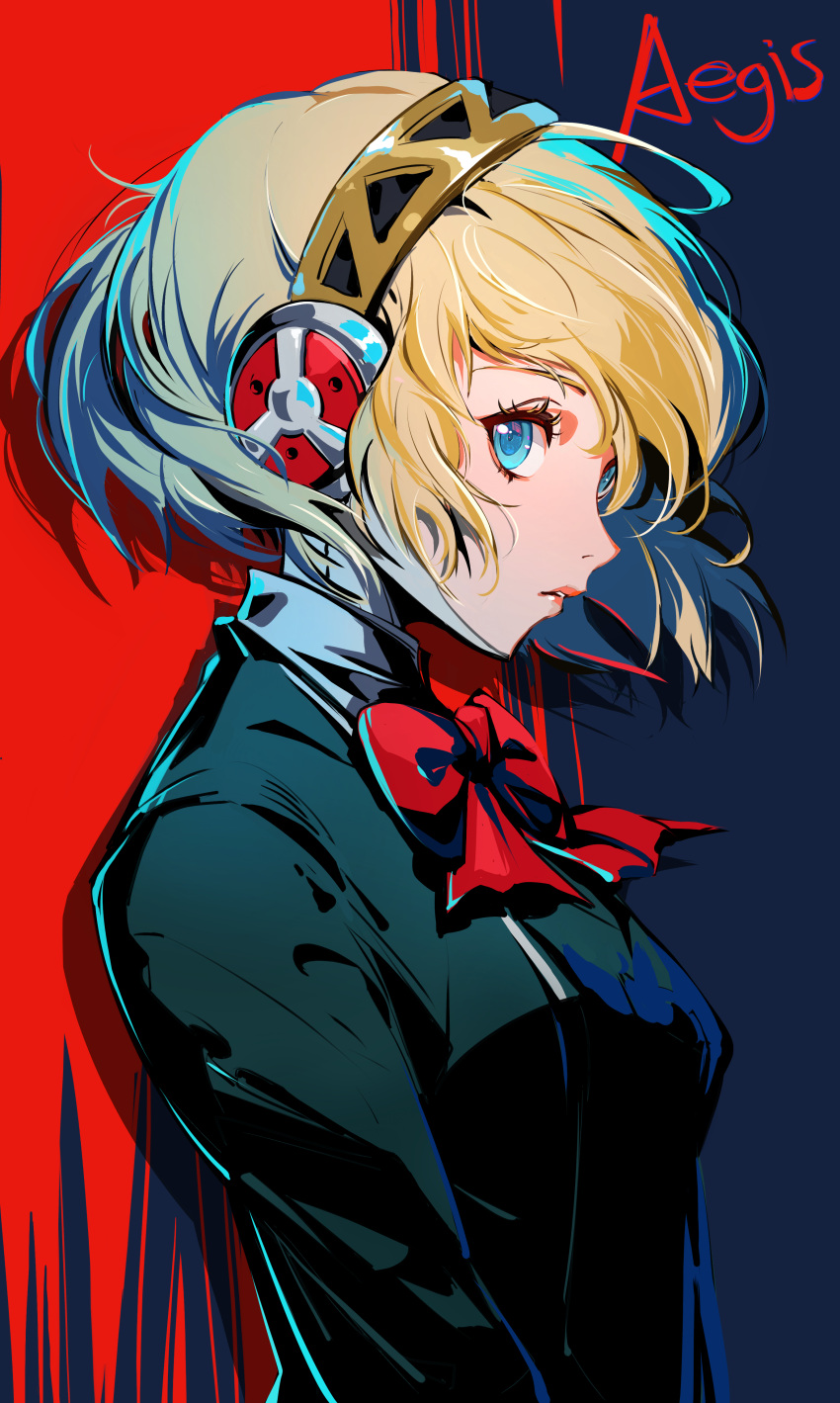 1girl absurdres aegis_(persona) android black_hairband black_jacket blonde_hair blue_eyes bow bowtie character_name floating_hair gekkoukan_high_school_uniform gold_trim hairband highres jacket kumo33 lips long_sleeves looking_at_viewer mixed-language_commentary parted_lips persona persona_3 persona_3_reload pink_lips profile red_bow red_bowtie robot_ears school_uniform short_hair solo