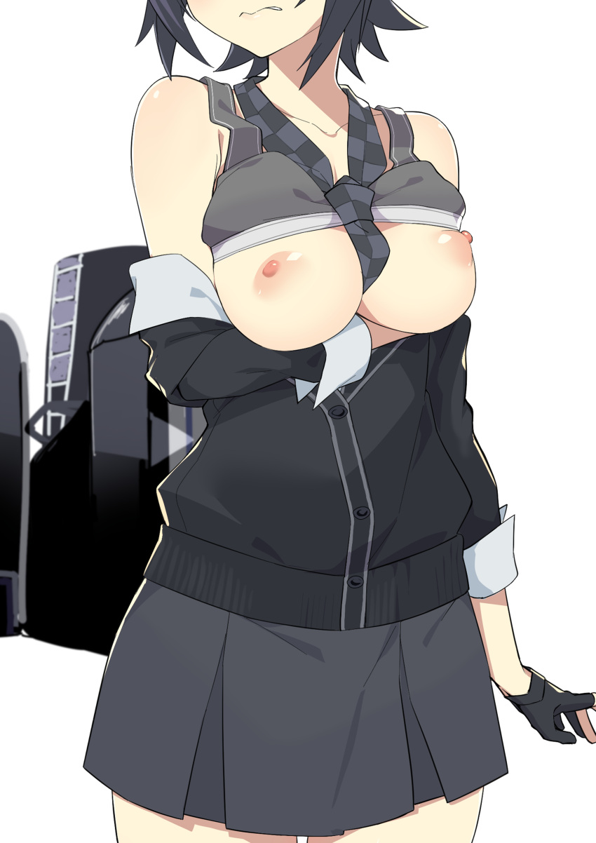 1girl absurdres black_cardigan black_gloves black_hair black_necktie breasts breasts_out cardigan checkered_necktie collarbone fingerless_gloves gloves grey_skirt head_out_of_frame highres kantai_collection medium_breasts morisobo necktie nipples short_hair simple_background skirt solo tenryuu_(kancolle) thighs wavy_mouth white_background