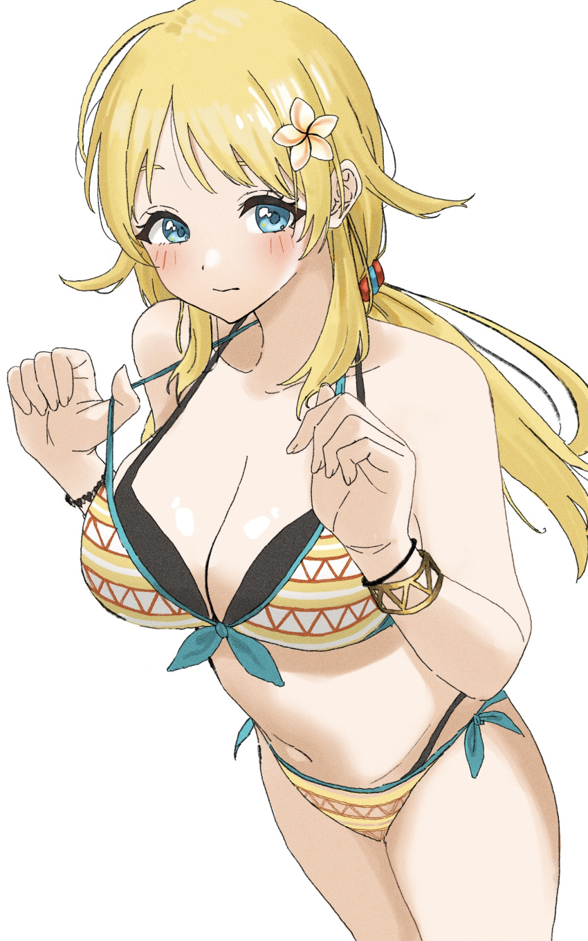 1girl absurdres bare_shoulders bikini bikini_pull black_bikini blonde_hair blue_eyes blush breasts cleavage closed_mouth clothes_pull commentary_request dunchy flower hachimiya_meguru hair_flower hair_ornament highres idolmaster idolmaster_shiny_colors large_breasts looking_at_viewer navel print_bikini pulled_by_self simple_background solo stomach swimsuit white_background yellow_bikini