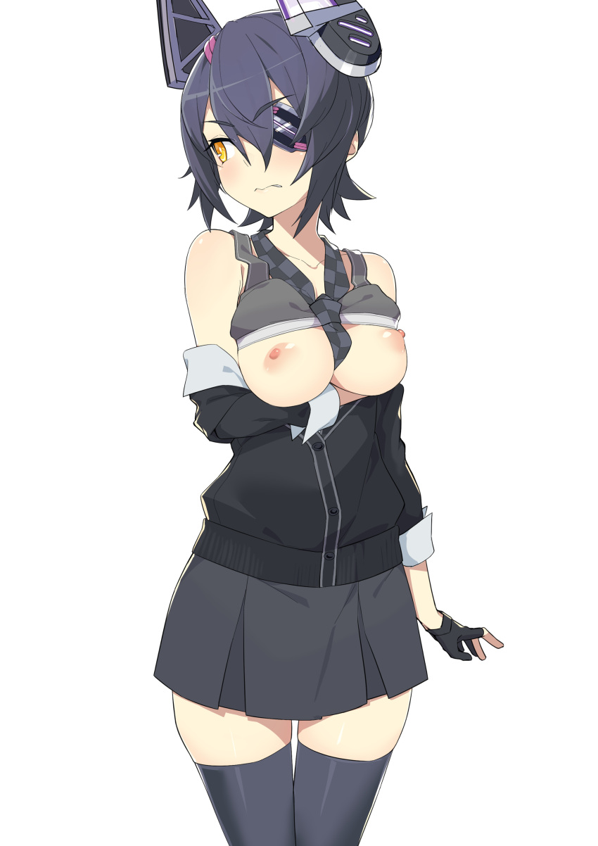 1girl absurdres black_cardigan black_gloves black_hair black_necktie breasts breasts_out cardigan checkered_necktie collarbone fingerless_gloves gloves grey_skirt head_out_of_frame highres kantai_collection medium_breasts morisobo necktie nipples short_hair simple_background skirt solo tenryuu_(kancolle) thighs wavy_mouth white_background