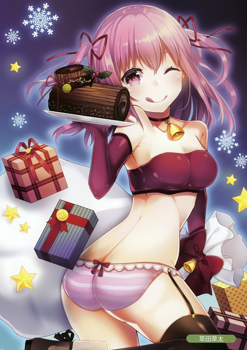 ;q absurdres artist_name ass bad_anatomy black_legwear boots box bra breasts choker collarbone elbow_gloves floating_hair garter_straps gift gift_box gloves hair_between_eyes hair_ribbon highres kusada_souta long_hair medium_breasts midriff one_eye_closed original panties pink_eyes pink_hair pink_panties red_bra red_gloves red_ribbon ribbon solo strapless strapless_bra striped striped_panties thighhighs tongue tongue_out twisted_torso two_side_up underwear