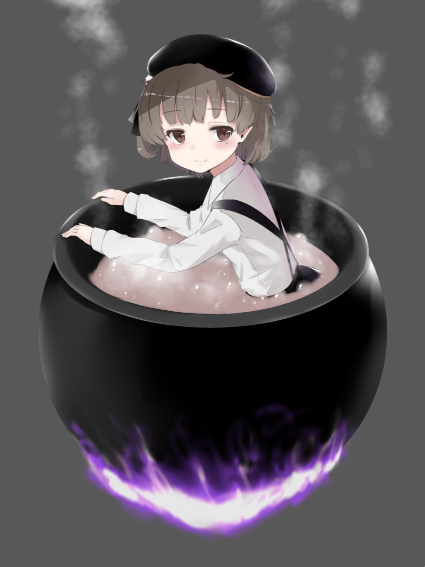 bangs beret black_hat black_skirt blunt_bangs blush boiling brown_eyes brown_hair cauldron closed_mouth eyebrows_visible_through_hair fire from_side grey_background hat hatoba_tsugu hatoba_tsugu_(character) highres in_cauldron in_container long_sleeves looking_at_viewer looking_to_the_side mole mole_under_eye purple_fire rocha_(aloha_ro_cha) shiny shiny_hair shirt short_hair simple_background skirt smile solo steam suspender_skirt suspenders virtual_youtuber white_shirt