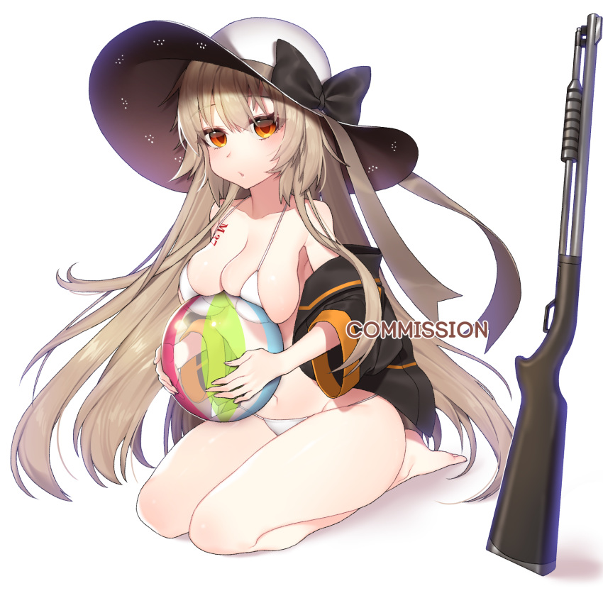 ball bangs bare_legs bare_shoulders barefoot beachball bikini black_bow black_jacket blonde_hair bow breast_press breast_tattoo breasts character_name cleavage collarbone commission eyebrows_visible_through_hair eyelashes full_body girls_frontline gun hat hat_bow highres holding holding_ball ia_(ias1010) ithaca_m37 ithaca_m37_(girls_frontline) jacket large_breasts long_hair long_sleeves looking_at_viewer navel off_shoulder open_clothes open_jacket orange_eyes seiza shotgun simple_background sitting solo stomach string_bikini sun_hat swimsuit tattoo thighs transparent very_long_hair weapon white_background white_bikini white_hat