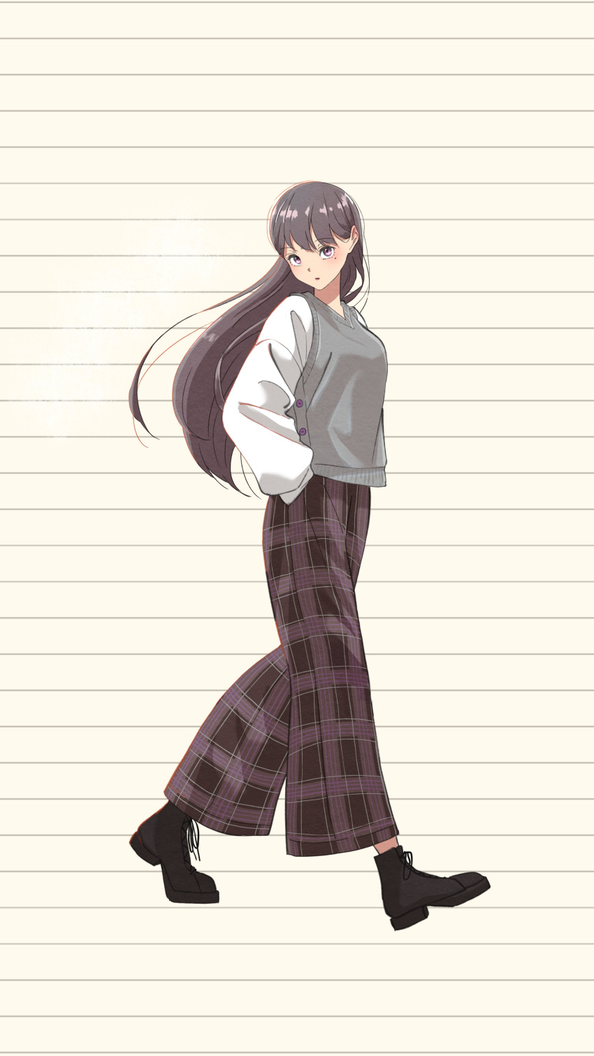 1girl absurdres bang_dream! bang_dream!_it's_mygo!!!!! black_footwear brown_background brown_hair commentary_request grey_sweater_vest hands_in_pockets highres long_hair long_sleeves looking_at_viewer mole mole_under_eye pants parted_lips plaid plaid_pants purple_eyes purple_pants shiina_taki shirt shu_atelier solo striped_background sweater_vest walking white_shirt