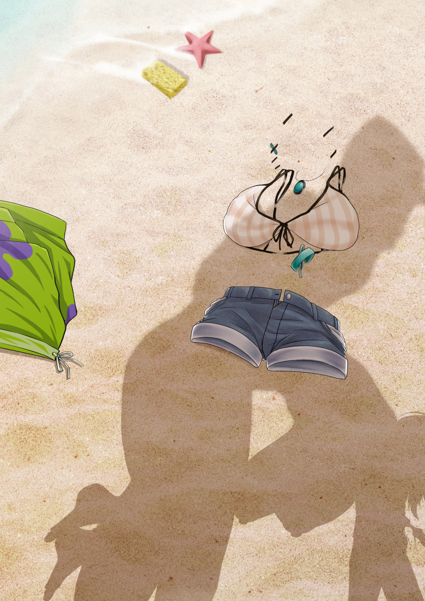 1boy 1girl aariyoo arknights bent_over breasts commission day doctor_(arknights) dressed_shadow_(meme) hanging_breasts highres implied_nudity implied_sex meme nipples sand shadow shorts standing unworn_bikini_top unworn_clothes unworn_shorts utage_(arknights)