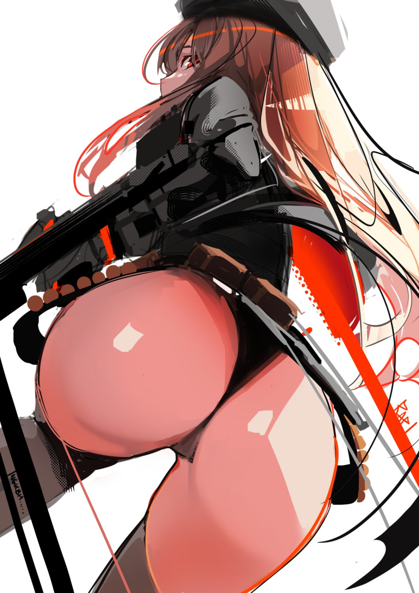 1girl ass from_below goddess_of_victory:_nikke highres long_hair looking_back rapi_(nikke) rapier shiny_skin sketch solo sword tngkbmarlon weapon white_background