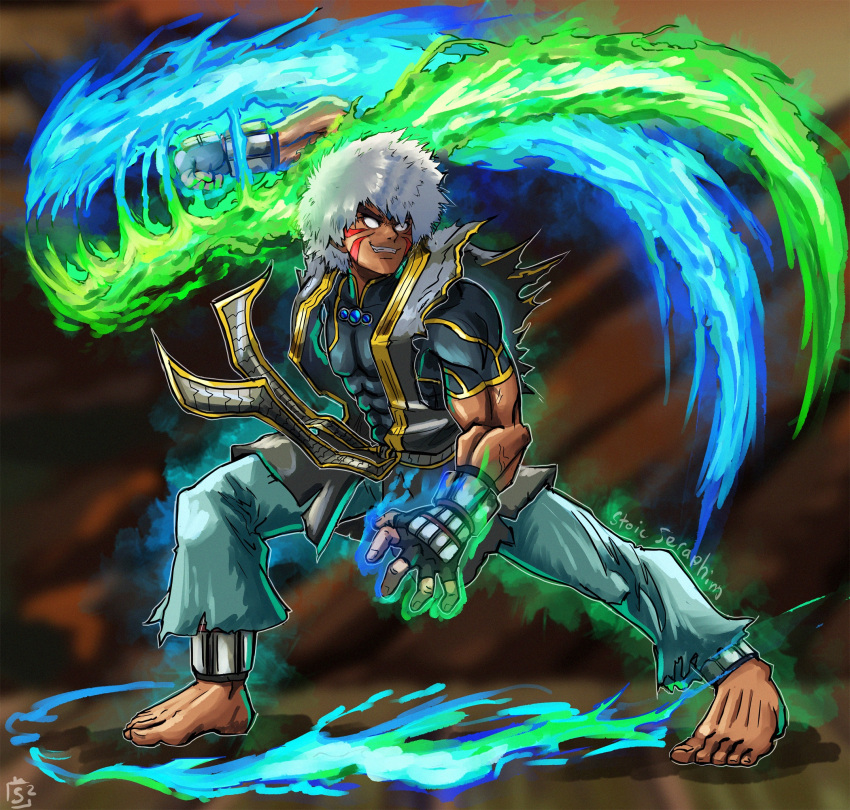 abs afro alternate_color alternate_costume alternate_eye_color alternate_hair_color alternate_hair_length alternate_hairstyle armor aura barefoot belt blue_gemstone capcom chest_jewel corruption crossover dark_persona dark_skin double_helix dougi evil_smile facial_tattoo fierce_deity fingerless_gloves gem gloves glowing highres ken_masters looking_to_the_side medium_hair nintendo no_pupils possessed short_sleeves shouryuuken smile stoic_seraphim super_smash_bros. tattoo the_legend_of_zelda the_legend_of_zelda:_majora's_mask uppercut violent_ken white_eyes white_hair