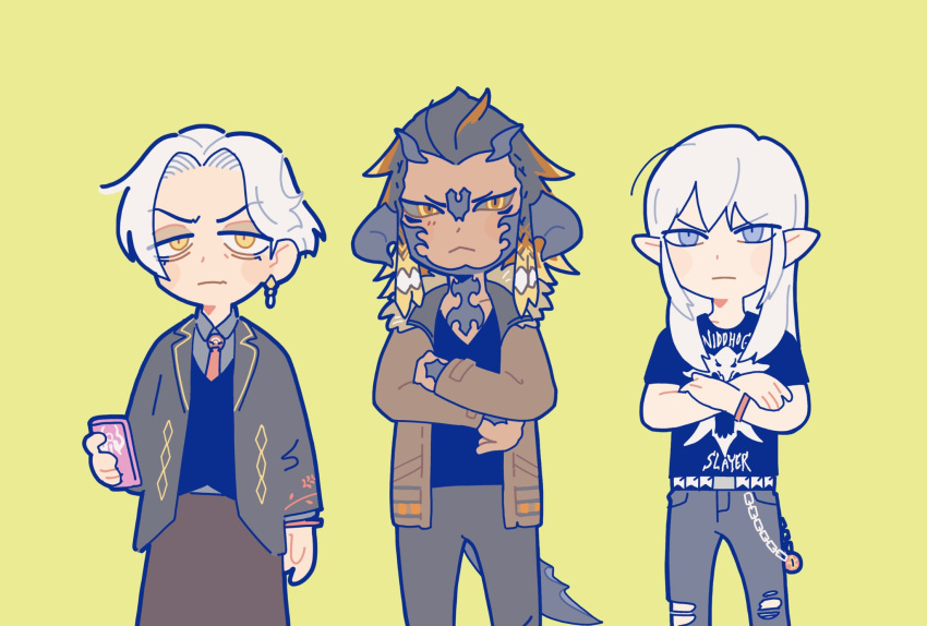 3boys :&lt; au_ra belt_chain black_hair black_horns black_jacket blue_eyes braid brown_jacket cellphone closed_mouth collared_jacket collared_shirt colored_sclera commentary contemporary dark-skinned_male dark_skin deformed denim elezen elf emet-selch estinien_varlineau feet_out_of_frame final_fantasy final_fantasy_xiv furrowed_brow green_background grey_sclera hand_up hands_up highres holding holding_phone horns hyur jacket jeans long_hair long_sleeves looking_at_viewer low_horns magnai_oronir male_focus multicolored_eyes multiple_boys necktie orange_eyes pants phone pointy_ears red_necktie robodumpling scales shirt short_hair sidelocks simple_background smartphone standing symbol-only_commentary tail torn_clothes torn_jeans torn_pants vest white_hair yellow_eyes