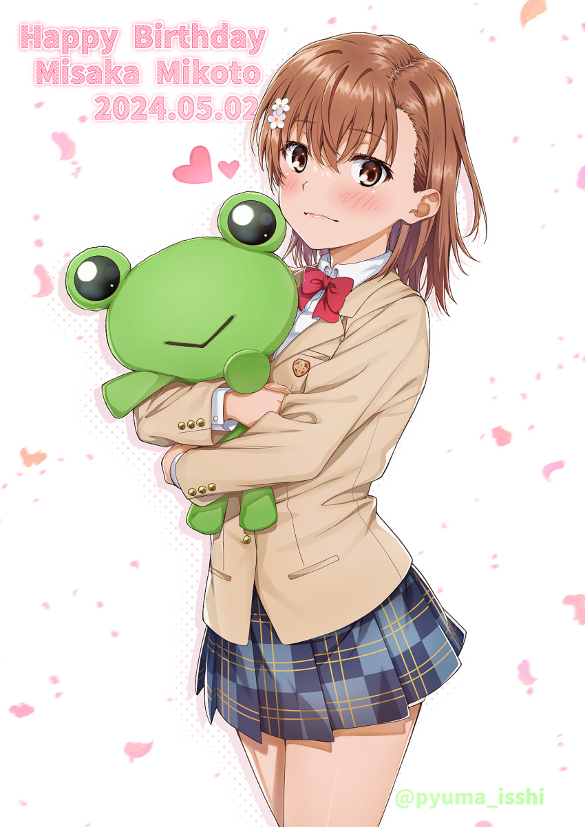 1girl artist_name blazer blush bow bowtie brown_eyes brown_hair brown_jacket character_name closed_mouth collared_shirt commentary_request cowboy_shot dated flower gekota hair_flower hair_ornament happy_birthday highres hugging_object isshi_pyuma jacket long_sleeves looking_at_viewer medium_hair misaka_mikoto plaid plaid_skirt pleated_skirt red_bow red_bowtie school_emblem school_uniform shirt skirt smile solo standing stuffed_animal stuffed_frog stuffed_toy toaru_kagaku_no_railgun toaru_majutsu_no_index tokiwadai_school_uniform twitter_username watermark white_shirt winter_uniform