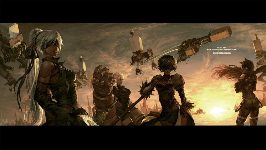 artist_name bandana black_blindfold black_dress blake_belladonna blindfold cloud cloudy_sky copyright_name cosplay crescent_rose cross dishwasher1910 dress ember_celica_(rwby) feather-trimmed_sleeves highres leather_suit letterboxed long_hair multiple_girls myrtenaster nier_(series) nier_automata parted_lips pod_(nier_automata) ponytail power_fist revision ruby_rose rwby scythe side_ponytail sky sunset sword watermark weapon web_address weiss_schnee yang_xiao_long yorha_no._2_type_b yorha_no._2_type_b_(cosplay)