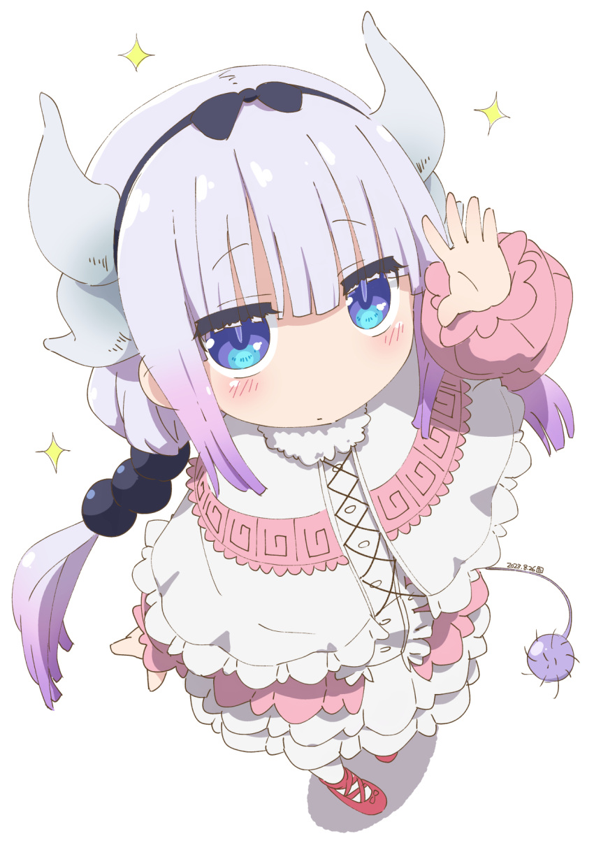 1girl :| beads blue_eyes blush bow child closed_mouth commentary_request dated dragon_girl dragon_horns dress gradient_hair hair_beads hair_bow hair_ornament hairband highres horns kanna_kamui kobayashi-san_chi_no_maidragon long_sleeves looking_at_viewer multicolored_hair pink_footwear puffy_sleeves purple_hair samansa_ex socks solo tail white_background white_hair white_socks