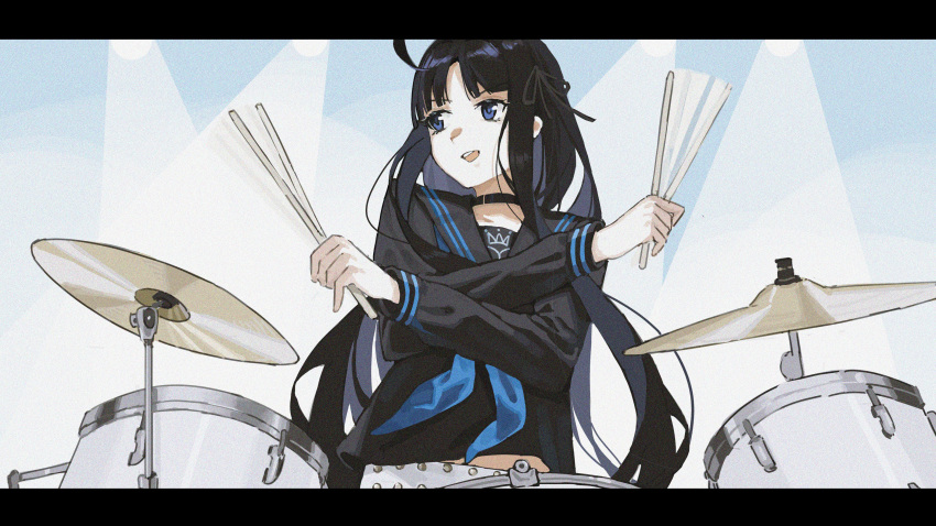 1girl absurdres awa_subaru black_choker black_hair black_ribbon black_sailor_collar black_shirt blue_eyes blue_neckerchief choker commentary drum drum_set film_grain girls_band_cry hair_ribbon hashtag-only_commentary highres instrument letterboxed long_hair long_sleeves midriff_peek neckerchief open_mouth parted_bangs playing_drum ribbon sailor_collar school_uniform serafuku shimaka_(shimaka61318201) shirt solo teeth upper_teeth_only