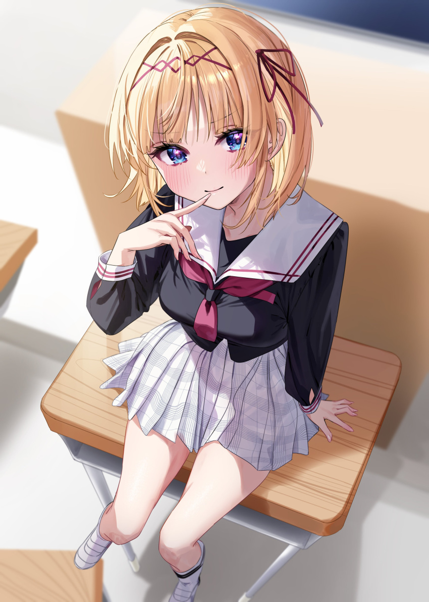 absurdres black_serafuku blonde_hair blue_eyes blurry breasts chair chigusa_minori classroom cover cover_image cover_page depth_of_field desk finger_to_mouth hair_ribbon hand_rest highres indoors kamishiro_airi kiss_nante_dekinai_desho?_to_chouhatsu_suru_namaikina_osananajimi_wo_wakara_sete_yattara_yosouijou_ni_dereta medium_hair multicolored_eyes novel_cover on_desk pleated_skirt red_ribbon ribbon school_chair school_desk school_uniform serafuku skirt smirk socks textless_version white_footwear white_skirt white_socks