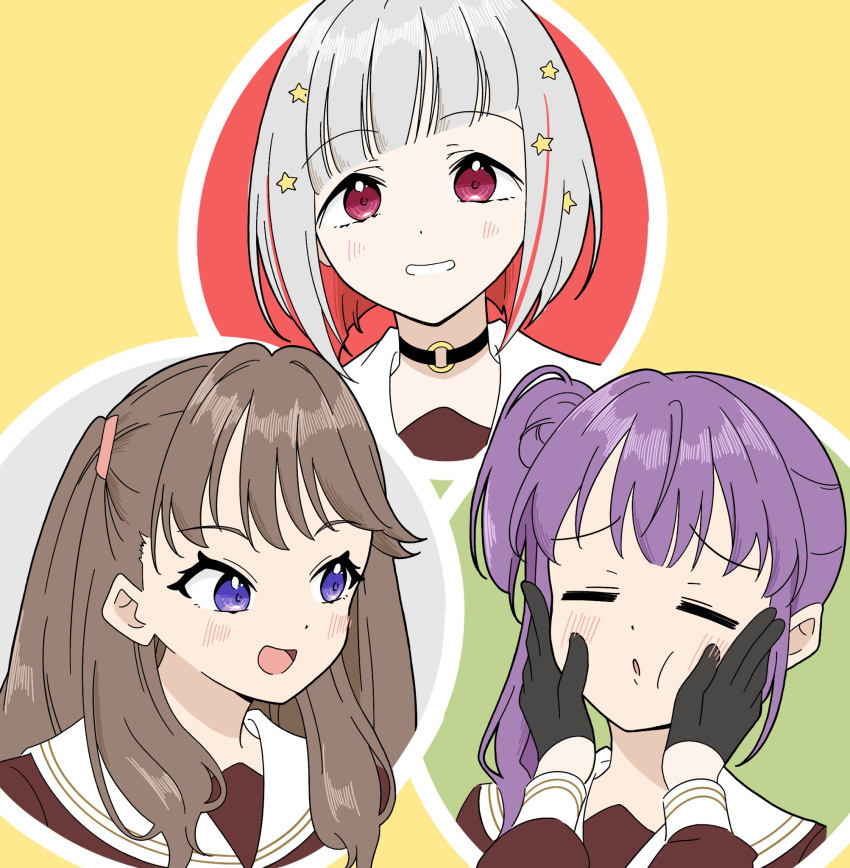 3girls :d :o =_= black_choker blush bob_cut brown_dress brown_hair choker colored_inner_hair commentary diagonal_bangs dress embarrassed fujishima_megumi grey_hair grin hair_bun hair_ornament hands_on_another's_cheeks hands_on_another's_face hasu_no_sora_school_uniform highres inverted_bob link!_like!_love_live! llkapital long_hair long_sleeves looking_at_another looking_at_viewer love_live! multicolored_hair multiple_girls o-ring o-ring_choker open_mouth otomune_kozue purple_eyes purple_hair red_eyes red_hair sailor_collar school_uniform short_hair side_ponytail sidelocks single_side_bun smile star_(symbol) star_hair_ornament streaked_hair two_side_up virtual_youtuber white_sailor_collar winter_uniform yellow_background yugiri_tsuzuri