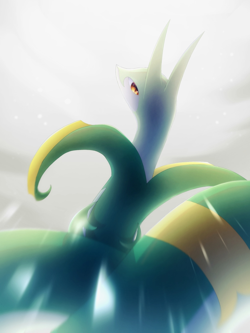 blurry blurry_foreground brown_eyes coconoketa colored_skin from_behind green_skin highres light_rays looking_at_viewer looking_back no_humans pokemon pokemon_(creature) serperior slit_pupils snake solo white_background