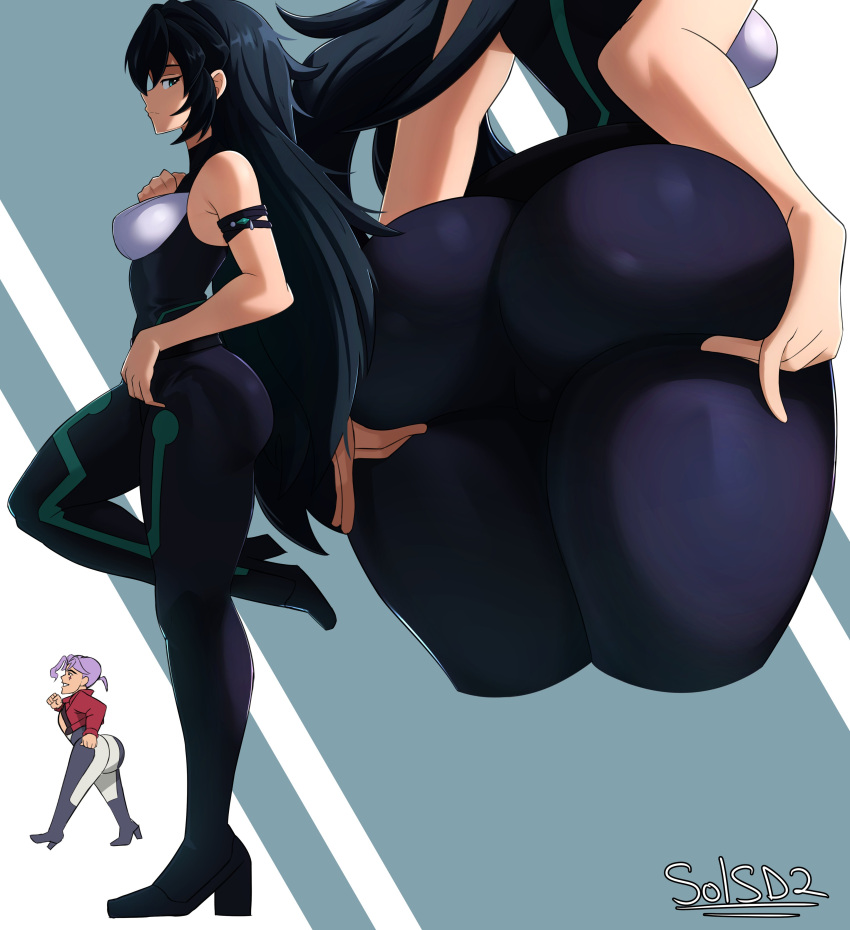 1boy 1girl absurdres aqua_eyes ass ass_support black_bodysuit black_hair bodysuit breasts gundam gundam_build_divers gundam_build_divers_re:rise hammerofsolace highres impossible_bodysuit impossible_clothes long_hair looking_at_viewer magee may_(gundam_build_divers_re:rise) medium_breasts skin_tight standing