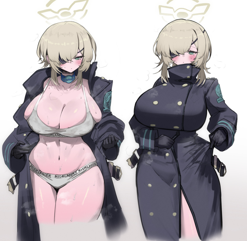 1girl absurdres belt black_coat black_gloves blonde_hair blue_archive breasts brown_halo buttons cleavage coat eyepatch gloves greatcoat green_eyes halo highres inhey large_breasts looking_at_viewer navel one_eye_covered open_belt open_clothes open_coat shiny_skin short_hair simple_background skindentation solo sports_bra sports_panties suou_(blue_archive) undressing white_background