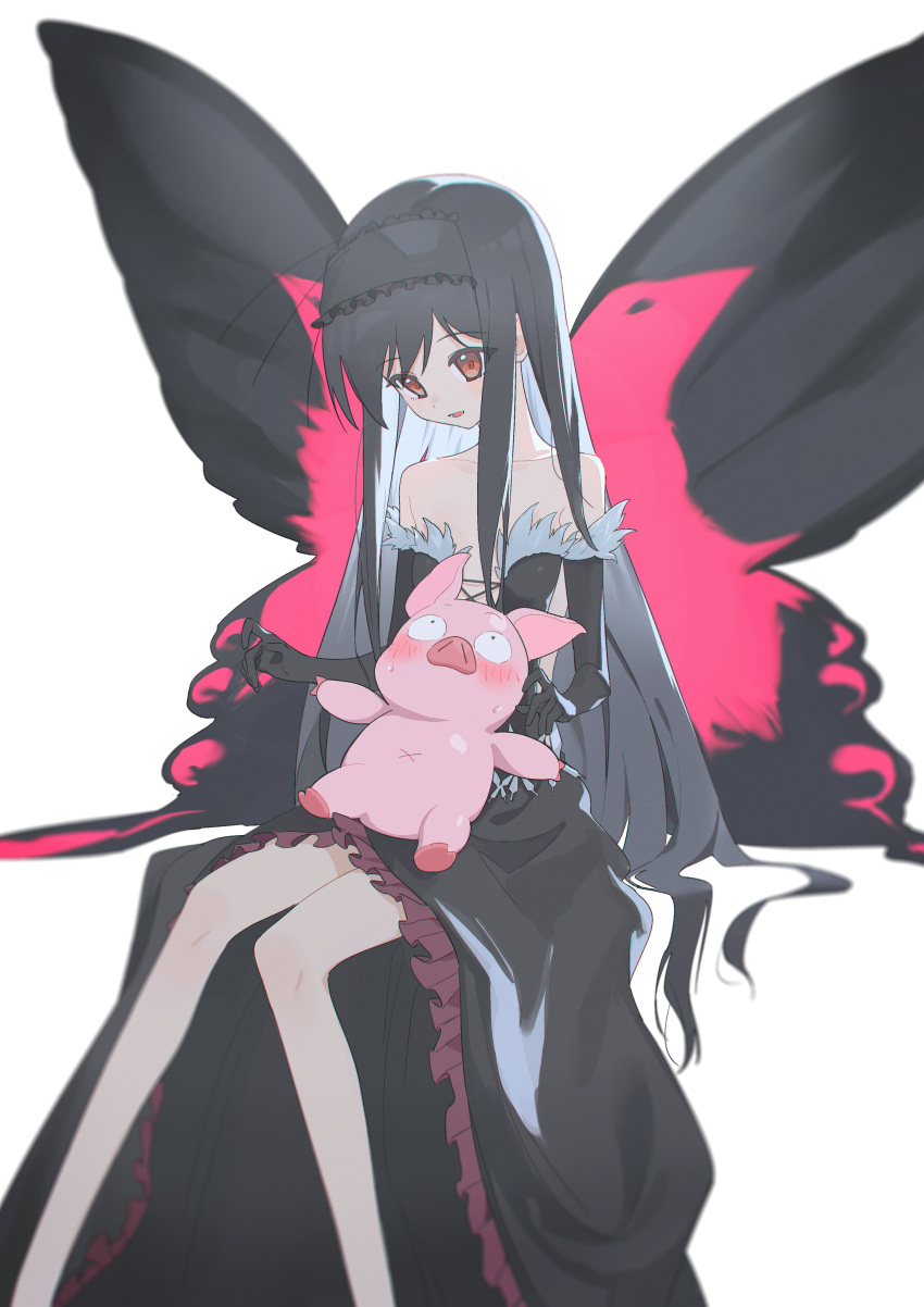 1boy 1girl absurdres accel_world alt_text animalization arita_haruyuki armpit_crease bare_legs bare_shoulders black_dress black_gloves black_hair black_hairband black_lotus_(accel_world) black_wings blush breasts butterfly_wings collarbone colored_inner_hair commentary_request cross-laced_clothes cross-laced_dress dot_nose dress elbow_gloves feet_out_of_frame frilled_hairband frills fur-trimmed_dress fur-trimmed_gloves fur_trim gloves gradient_hair grey_hair hair_over_shoulder hairband highres insect_wings knees kurobeko_(kur0bek0) kuroyukihime long_hair looking_at_another looking_down looking_up multicolored_hair on_lap open_mouth pig pink_wings raised_eyebrows red_eyes sidelocks simple_background sitting small_breasts small_sweatdrop strapless strapless_dress swept_bangs thick_eyelashes thighs two-tone_wings very_long_hair white_background wings