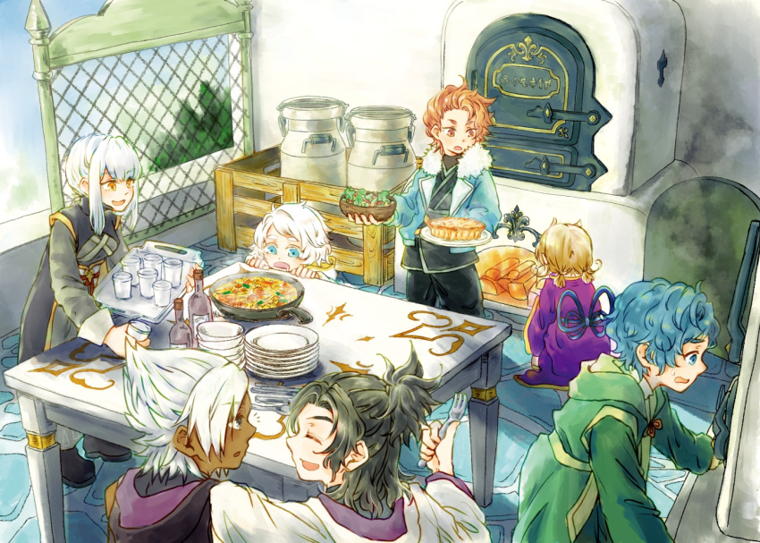 2girls 5boys arm_on_another's_shoulder baldr_(kingdom_hearts) black_footwear black_hair black_pants black_robe blonde_hair blue_eyes blue_hair blue_jacket blue_sky bottle bowl bowl_stack bragi_(kingdom_hearts) brown_eyes brown_hair closed_eyes commentary_request container cup dark-skinned_male dark_skin day dot_nose drinking_glass drooling eraqus fire fireplace food food_request fork frying_pan fur-trimmed_jacket fur_trim furnace green_robe grey_eyes hermod_(kingdom_hearts) holding holding_bowl holding_cup holding_fork holding_plate holding_tray indoors jacket kh_raimu kingdom_hearts kingdom_hearts_dark_road kitchen light_blue_hair long_sleeves low_twintails medium_hair multiple_boys multiple_girls notice_lines obi open_clothes open_jacket open_mouth orange_eyes pants partial_commentary plate plate_stack purple_robe quiche robe salad sash shoes short_hair short_twintails sidelocks sideways_mouth sitting sky smile smoke spiked_hair spoon stone_floor table topknot tray twintails urd_(kingdom_hearts) vor_(kingdom_hearts) white_hair white_robe wooden_bowl xehanort