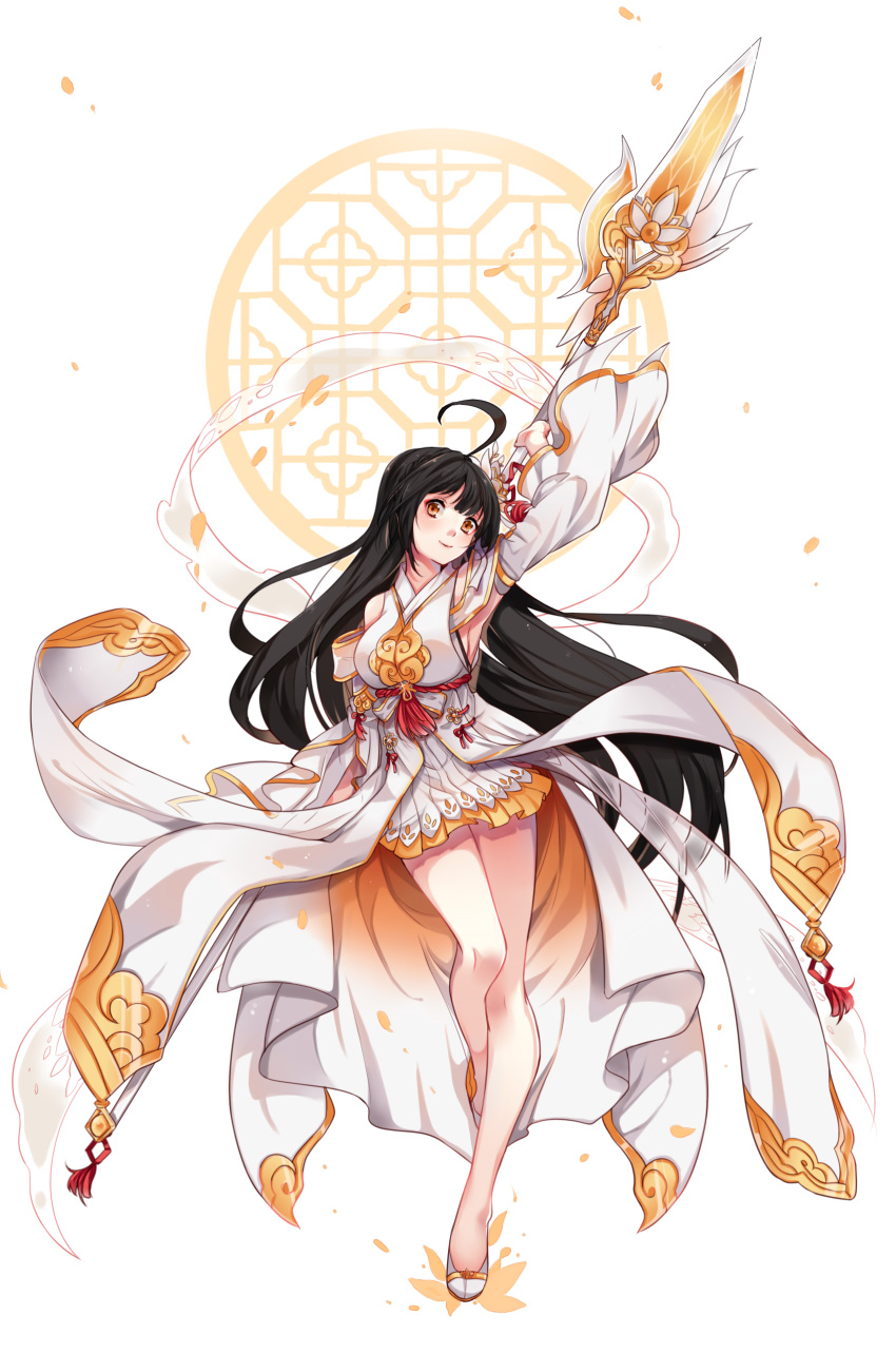 absurdres ahoge apsara_(elsword) ara_han bare_legs black_hair closed_mouth detached_sleeves dress elsword full_body highres holding holding_spear holding_weapon jie_(nomae0527) layered_dress long_hair looking_at_viewer orange_eyes polearm sash shoes smile solo spear standing standing_on_one_leg weapon white_dress white_footwear