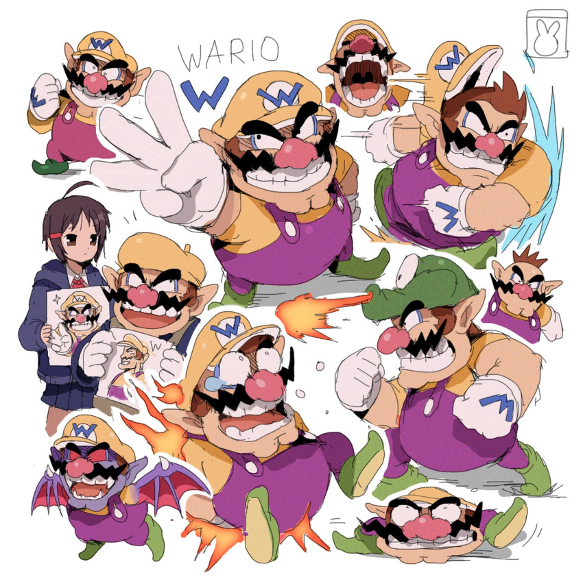 1boy 1girl adeleine bendedede beret black_hair brown_hair burning cleft_chin facial_hair fire gloves green_footwear grin hat highres kirby_(series) multiple_views mustache open_mouth overalls pointy_ears purple_overalls shirt smile tiny_wario vampire wario wario_land white_gloves yellow_hat yellow_shirt