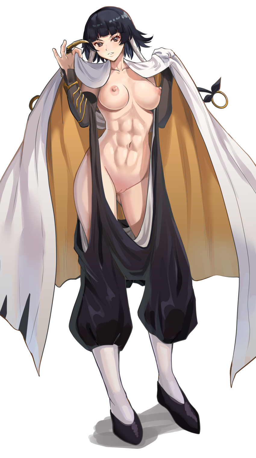 1girl abs absurdres ass_visible_through_thighs black_hair black_kimono bleach blunt_bangs braid breasts cape commission commissioner_upload full_body grin hair_rings highres holding holding_cape holding_clothes japanese_clothes kimono large_breasts looking_at_viewer medium_hair naked_kimono navel nico-mo nipples non-web_source partially_undressed pussy shoes smile solo standing sui-feng toned toned_female twin_braids uncensored white_background