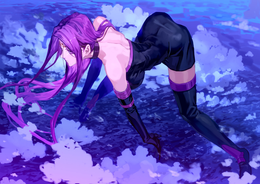 1girl bare_shoulders bob_(biyonbiyon) boots breasts collar dress facial_mark fate/grand_order fate/hollow_ataraxia fate/stay_night fate_(series) forehead_mark heaven's_feel highres large_breasts long_hair medusa_(fate) medusa_(rider)_(fate) purple_eyes purple_hair solo strapless strapless_dress thigh_boots thighhighs very_long_hair