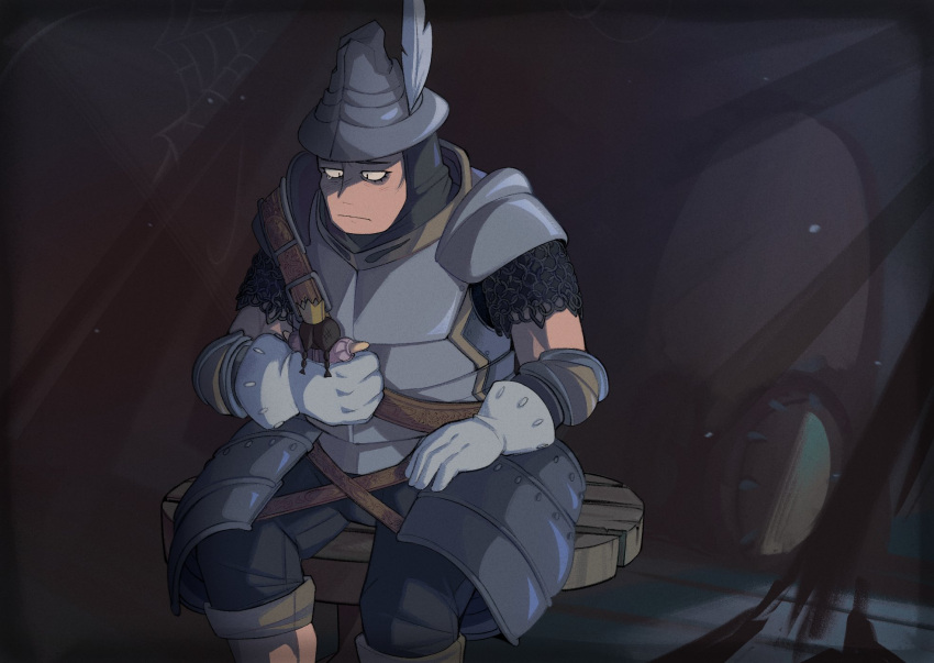 1boy adelbert_steiner arm_armor armor black_pants blush chainmail chest_belt cuirass dark doll english_commentary eyelashes faulds final_fantasy final_fantasy_ix frown full_body furrowed_brow gloves grey_gloves hand_up highres holding holding_doll indoors knight looking_down male_focus mintfizzles morion on_table pants pauldrons sad shoulder_armor silk single_tear sitting spider_web sweatdrop table tearing_up