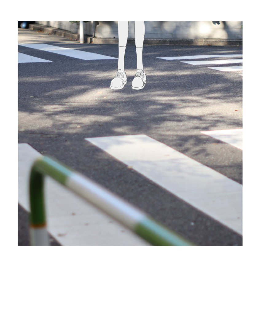 1girl absurdres bang_dream! bang_dream!_it's_mygo!!!!! blurry blurry_foreground commentary_request crosswalk dappled_sunlight day highres lower_body official_art outdoors photo_background polaroid shoes shu_atelier sneakers socks solo sunlight takamatsu_tomori