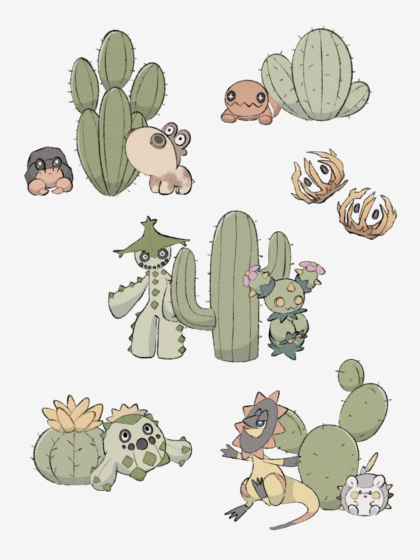 +_+ :&lt; :3 blue_eyes bramblin bright_pupils brown_eyes cacnea cacturne cactus closed_mouth commentary dwebble flower heliolisk highres hippopotas hippopotas_(male) looking_at_viewer maractus no_humans open_mouth pink_flower pokemon pokemon_(creature) simple_background smile sumi_fms symbol-only_commentary togedemaru trapinch white_background white_pupils yellow_eyes