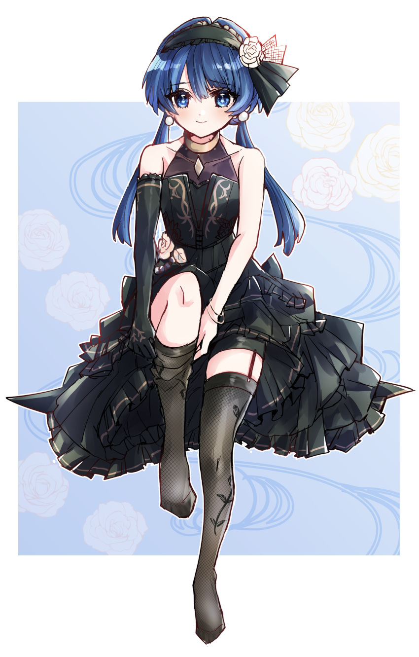 1girl absurdres black_dress black_gloves black_hairband black_thighhighs blue_background blue_eyes blue_hair border bow closed_mouth collarbone commentary dark_blue_hair dress dress_bow earrings elbow_gloves floral_background flower flower_hairband frilled_dress frills full_body garter_straps gloves hairband highres jewelry kanduki_kamibukuro light_blue_background link!_like!_love_live! long_hair looking_at_viewer love_live! low_twintails medium_dress mole mole_on_neck murano_sayaka no_shoes official_alternate_costume outline outside_border putting_on_legwear rose see-through shorts_under_dress single_elbow_glove sitting sleeveless sleeveless_dress smile solo sparkly_spot_(love_live!) swept_bangs thighhighs twintails virtual_youtuber white_border white_flower white_outline white_rose