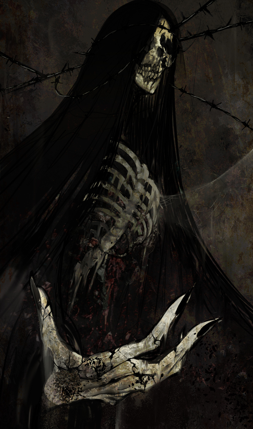 2023 5_fingers ambiguous_gender barbed_wire black_hair black_nails bone colored_nails death_(personification) digital_media_(artwork) digital_painting_(artwork) dirt fingers grey_background grim_reaper hair hi_res human_skull kazekyou long_hair mouth_closed nails open_hand rib_cage rust simple_background skeleton solo spider_web spine standing teeth