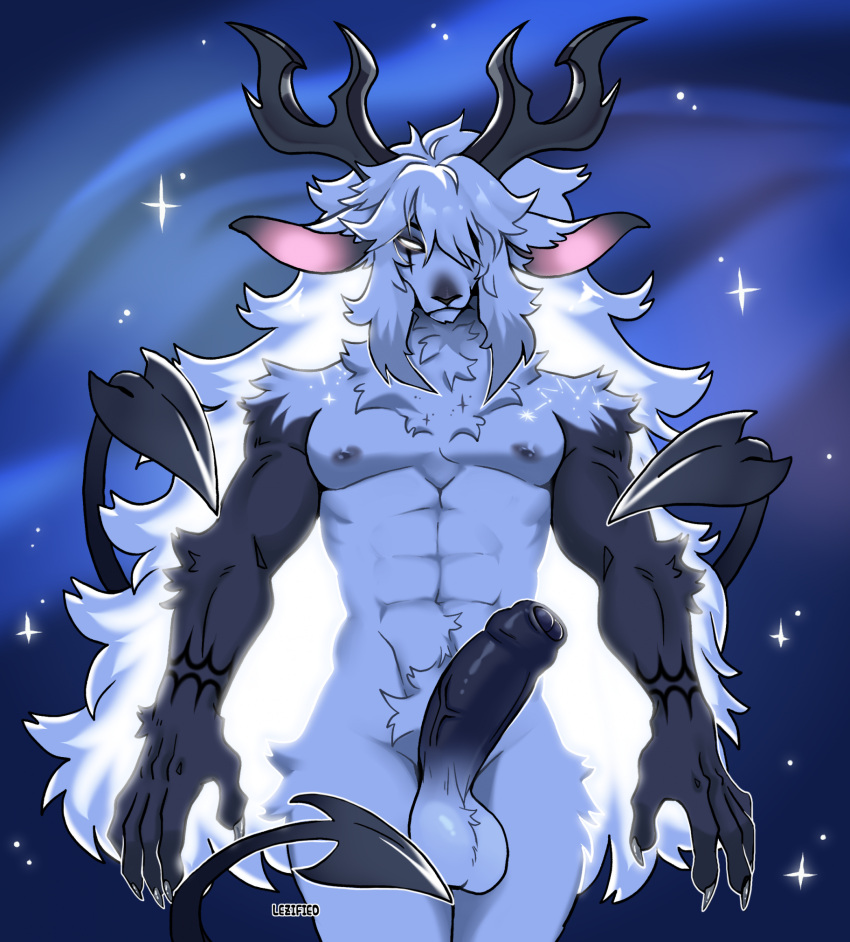 2024 abs anthro arm_tuft balls biceps big_balls big_hair big_penis black_penis chest_tuft claws colored constellation constellation_markings deer demon digital_drawing_(artwork) digital_media_(artwork) elbow_tuft erection foreskin fur fur_markings genitals hair hi_res highlights_(coloring) horn humanoid_genitalia humanoid_penis lezified looking_at_viewer male mammal markings mature_anthro mature_male multi_tail multicolored_body multicolored_fur muscular muscular_anthro muscular_male night nipples nude penis pubes shaded simple_background solo spade_tail sparkles tail tuft two_tone_body two_tone_fur vein veiny_penis white_body white_eyes white_fur white_hair