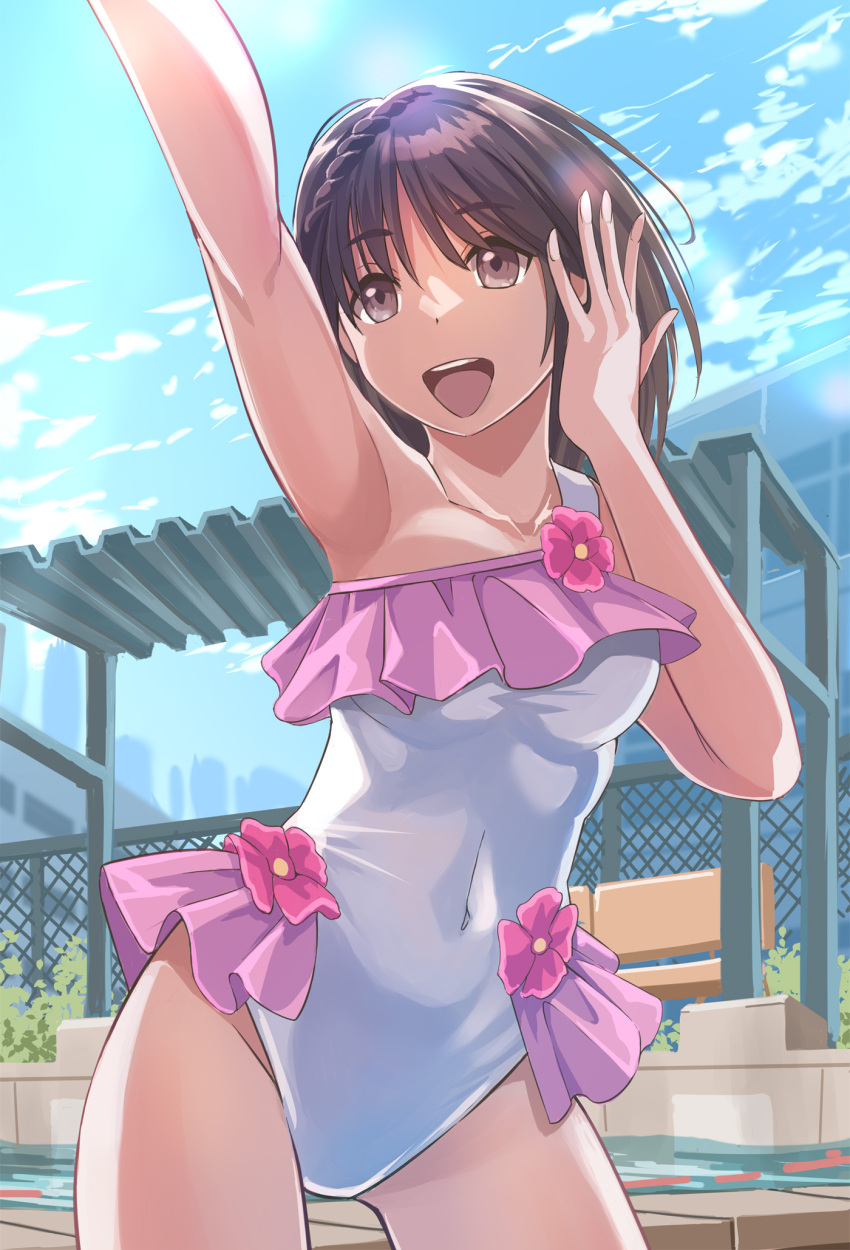 1girl black_hair blue_reflection_(series) blue_reflection_ray blue_reflection_tie blue_sky brown_eyes casual_one-piece_swimsuit chain-link_fence cloud commission covered_navel cowboy_shot fence frilled_one-piece_swimsuit frills highres hirahara_hiori nikulas_cage one-piece_swimsuit pixiv_commission shed short_hair sky smile solo swimsuit upper_body white_one-piece_swimsuit