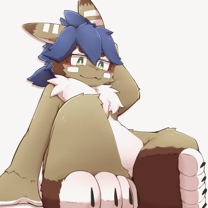 1:1 2023 4_toes :3 anthro biped black_claws blue_hair blush brown_body brown_ear_tips brown_ears brown_fur cheek_markings circle_eyebrows claws colored digital_media_(artwork) dipstick_ears ear_markings eyebrows facial_markings feet foreshortening front_view full-length_portrait fur hair hand_behind_head head_markings hi_res kemono lagomorph leporid male male_anthro mammal markings monotone_hair multicolored_body multicolored_ears multicolored_fur neck_tuft nude plantigrade ponytail portrait pupils rabbit ruff shaded simple_background sitting smile solo tan_body tan_ears tan_fur toe_claws toeless_(marking) toes tuft white_background white_body white_ears white_fur white_markings white_pupils xennochan yellow_eyes