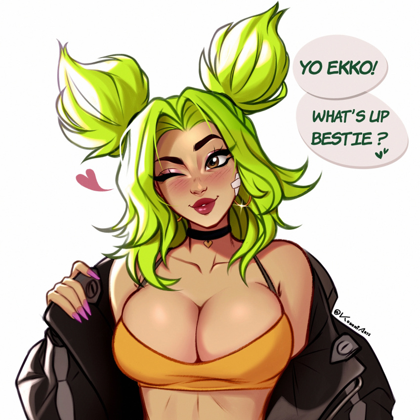 1girl artist_name bandaid bandaid_on_face black_choker breasts choker cleavage collarbone crop_top earrings english_commentary english_text fingernails green_hair heart highres hoop_earrings jacket jewelry konomidraws large_breasts league_of_legends long_fingernails long_hair open_clothes open_jacket pink_nails simple_background smile solo speech_bubble spoken_heart twintails twitter_username white_background yellow_eyes zeri_(league_of_legends)