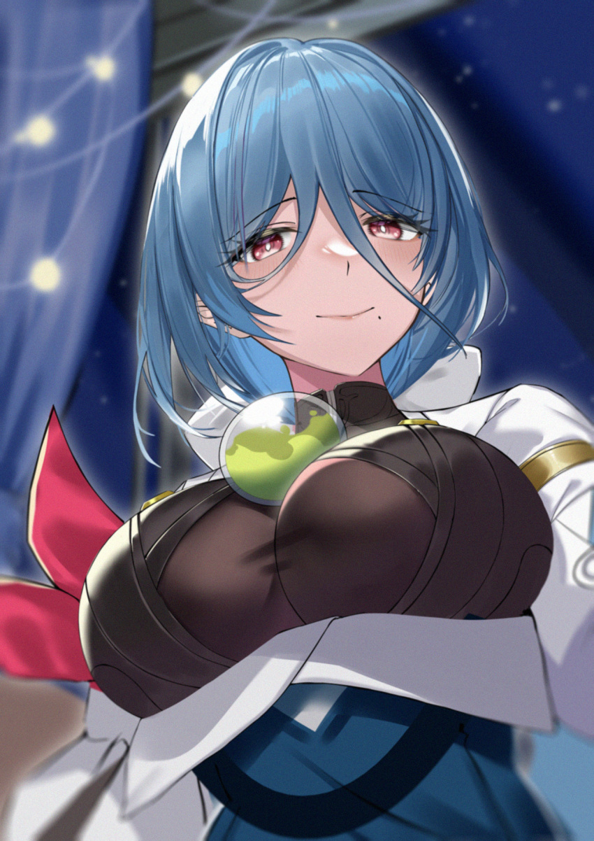 1girl aqua_hair armband black_bodysuit blurry blurry_foreground bodysuit breasts bright_pupils commentary from_below hair_between_eyes hair_intakes highres honkai:_star_rail honkai_(series) huge_breasts jacket jewelry light_blush long_bangs looking_at_viewer medium_hair mole mole_under_mouth natasha_(honkai:_star_rail) open_clothes open_jacket pendant red_armband red_eyes sidelocks smile solo srpzk upper_body white_jacket white_pupils