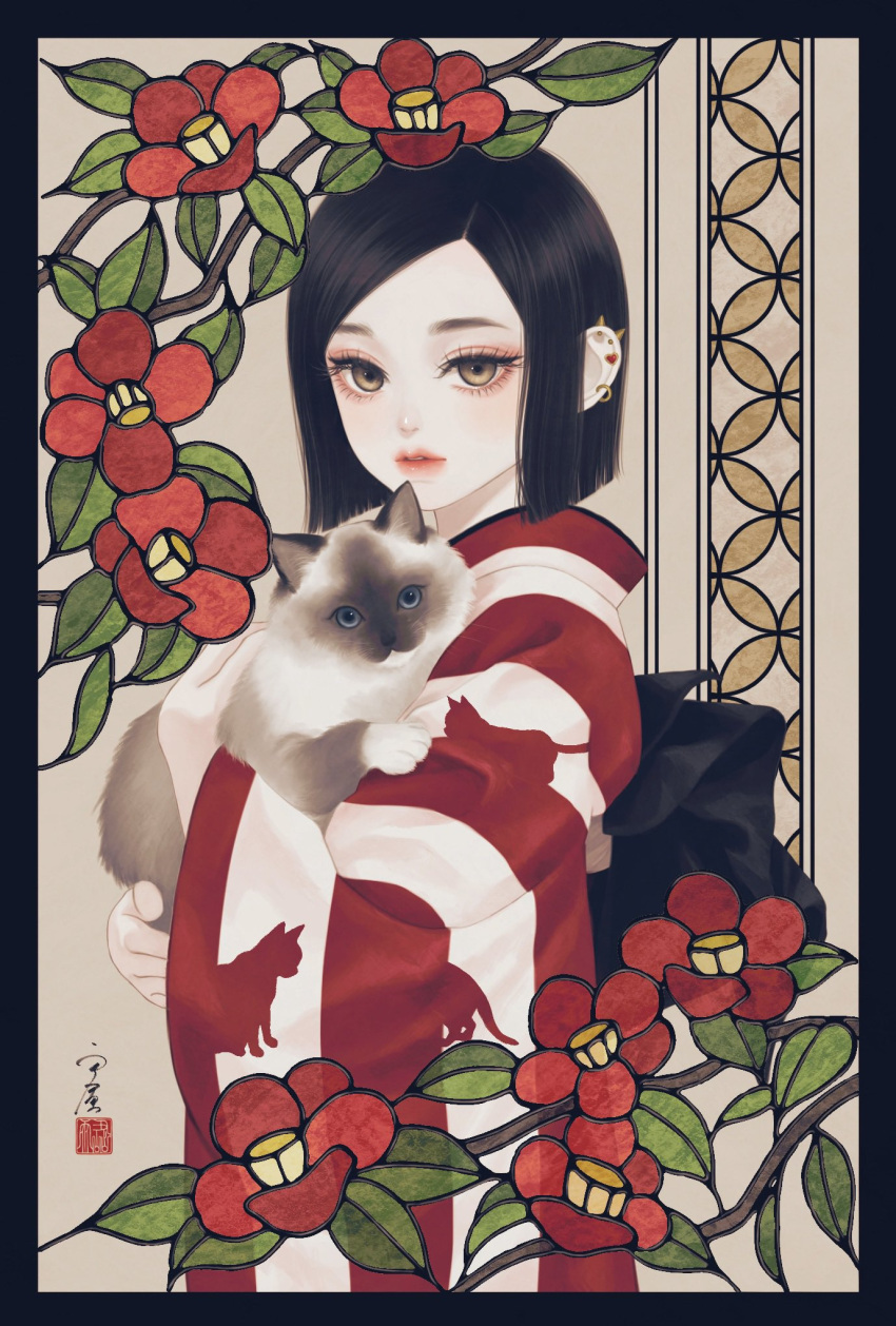 1girl animal animal_print black_border black_hair black_sash blunt_ends border branch brown_eyes cat cat_print ear_piercing earrings flower from_side highres holding holding_animal holding_cat japanese_clothes jewelry kimono leaf lips long_sleeves looking_at_viewer looking_to_the_side obi original parted_hair parted_lips piercing print_kimono red_flower red_kimono sash seal_impression short_hair signature solo stained_glass standing striped_clothes striped_kimono upper_body ushiyama_ame vertical-striped_clothes vertical-striped_kimono white_kimono wide_sleeves