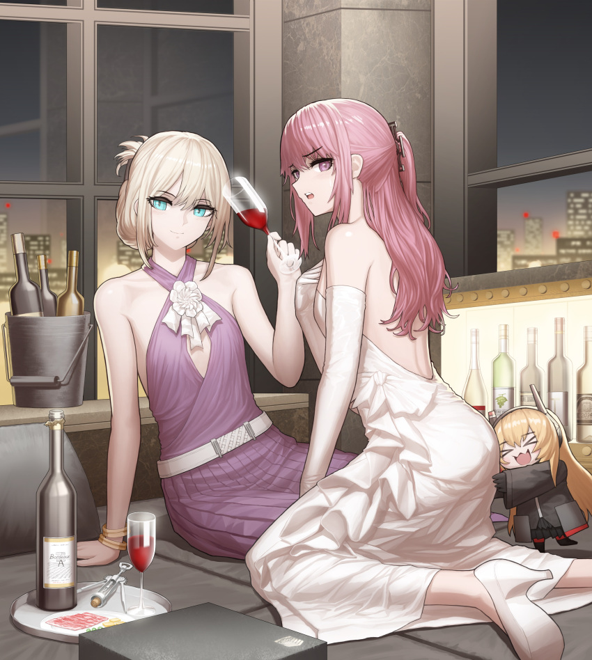 &gt;_&lt; 3girls absurdres alcohol alternate_costume an-94_(girls'_frontline) bottle bucket cheogtanbyeong chibi cityscape cleavage_cutout clothing_cutout commentary corkscrew cup dress drinking_glass elbow_gloves english_commentary girls'_frontline gloves high_heels highres hug hug_from_behind m4_sopmod_ii_jr multiple_girls night purple_dress red_wine st_ar-15_(girls'_frontline) white_dress wine wine_bottle wine_glass