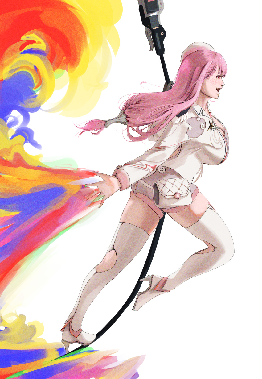 1girl absurdres ayla_(punishing:_gray_raven) braid braided_bangs breasts grey_shorts high_heels highres jacket large_breasts long_hair long_sleeves mairu_(user_2757) open_mouth pink_eyes pink_hair polearm punishing:_gray_raven short_shorts shorts solo teeth thighhighs upper_teeth_only weapon white_jacket white_thighhighs