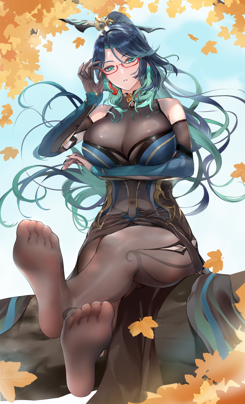 1girl absurdres aqua_eyes aqua_lips au11 bare_shoulders black_pantyhose bodystocking breasts chinese_hairpin cloud_retainer_(genshin_impact) colored_inner_hair crossed_legs earrings elbow_gloves feet genshin_impact glasses gloves green_hair highres jewelry large_breasts long_hair multicolored_hair no_shoes pantyhose red-framed_eyewear semi-rimless_eyewear soles tassel tassel_earrings toes two-tone_hair xianyun_(genshin_impact)