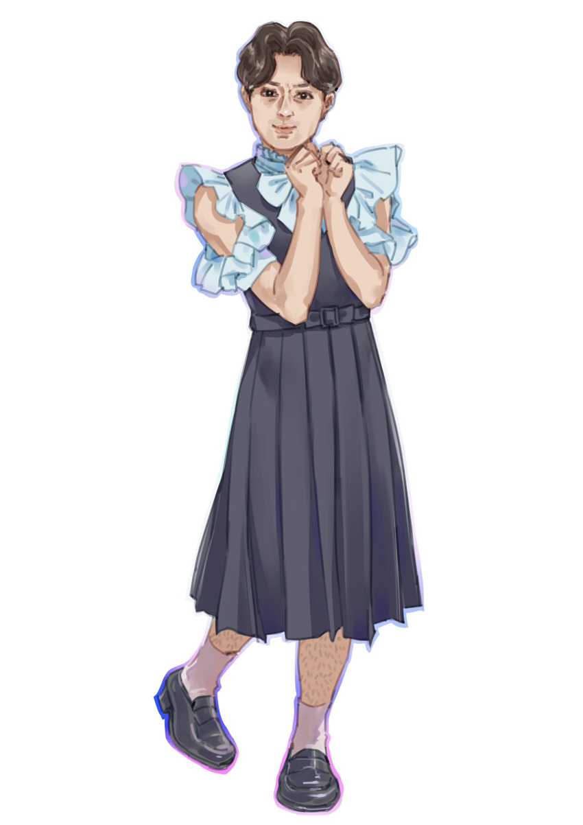 1boy black_eyes black_hair blue_shirt clothing_cutout commentary_request crossdressing dress full_body grey_dress highres kishida_mel kishida_mel_(person) leg_hair loafers looking_at_viewer male_focus original own_hands_together pinafore_dress real_life self-portrait shirt shoes shoulder_cutout simple_background sleeveless sleeveless_dress smile socks solo white_background white_socks